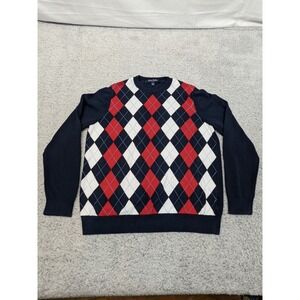 Brooks Brothers Mens Argyle Knit Sweater Blue Red Cotton Preppy Large (Fits S/M)